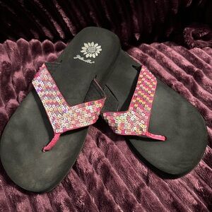 Yellow Box sandals with sparkling pink sequins. Size 6.
